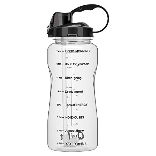 QuiFit 2l Botella de Agua Deportiva con Tiempo de Motivación Marcado Botella de Agua Extraíble Paja y a Prueba deFugas Tapa BPA Free (Clear+Black)