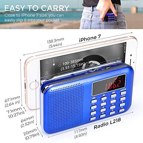 Radio de Transistor portátil pequeña, L-218 Radio Am/FM Digital de Bolsillo con Tarjeta Micro TF Reproductor de MP3 de Entrada Auxiliar de Disco USB, por PRUNUS(Azul)