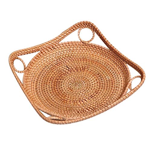 Rattan Bandeja redonda con manijas de té pan de mesa de café que sirve cesta, bandeja de almacenamiento de tejido, decoración casera (Size : S)