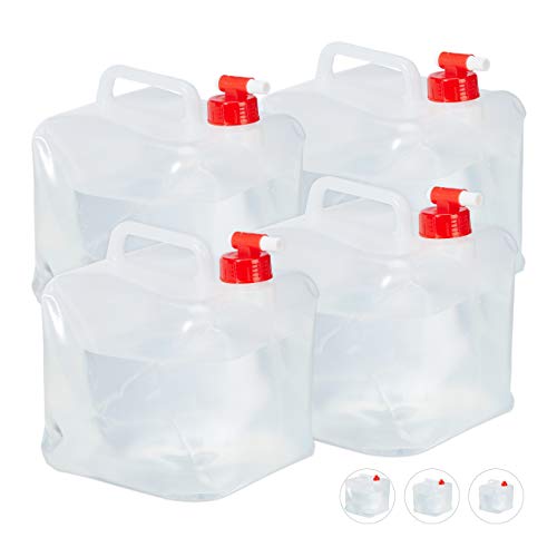 Relaxdays Bidón Plegable, Grifo & Tapón de Rosca, Garrafa de Camping, Sin BPA, 5L, 4 Uds, Transparente & Rojo, 5 L