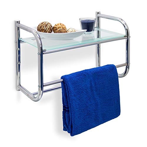 Relaxdays Estante y toallero de Pared, Acero Inoxidable y Vidrio, 34 x 45 x 23 cm, 1.9 Kg, Plata