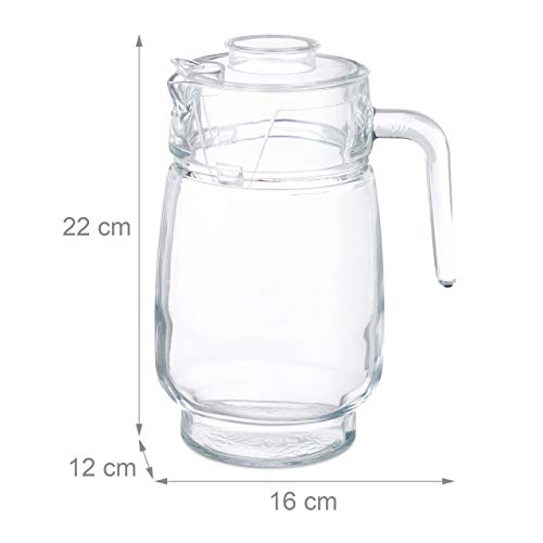 Relaxdays Jarra de cristal con tapa, Mango ergonómico, Apto para lavavajillas, 1,3 L, Transparente