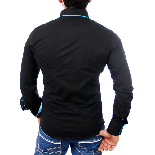 Reslad Camisa de hombre ajustada contraste de manga larga camisa Alabama RS-7050 negro y turquesa XL