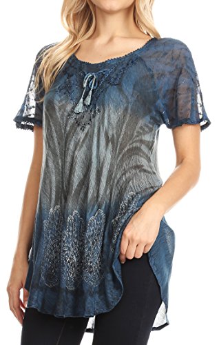 Sakkas 18715 - Blusa Superior de Manga Corta de Verano Casual Lily con Estampado de Bloques y Encaje - Azul Acero - Plus Size