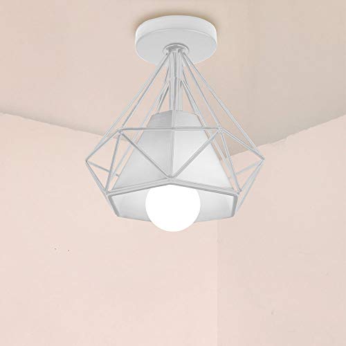 Sencilla Lámpara de Techo Industrial LED Lámpara Colgante Retro Mini Plafón Φ20cm Sombra en Forma de Diamante, Perfecto Iluminación y Decoración Porche Dormitorio Salade estar Corridor (Blanco)