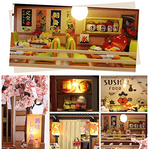 September-Europe – DIY 1:24 estilo japonés montado a mano, tienda de sushi en miniatura de madera creativa kit de bricolaje montado para regalo de cumpleaños con luces LED