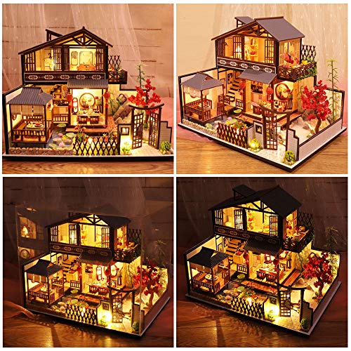 Septiembre-Europa - DIY - Kit de bricolaje para patio japonés 1:24 estilo miniatura de madera creativa casa de muñecas DIY montado para regalo de cumpleaños con luces LED