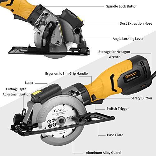 Sierra de Mano Circular, Ginour Sierra Circular 750 W 3600RPM, 6 Hojas de Sierra (115 y 125 mm) de 24T + 60T Diamente, Corte 48mm (90º), 32mm (45º), Cortar Azulejo, Madera, Metal Blando, Plástico