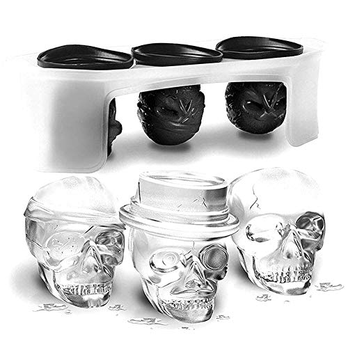 SJTL 3D Calavera Cubito de Hielo Bandeja Molde con Tapa Moldes Silicona Cubito de Hielo Calaveras Molde Moldes de Chocolate para Whisky Hielo Cócteles Bebida de Jugo Negro 3 Cráneo