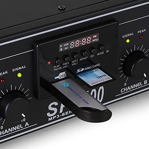 Skytec SPL-500 Amplificador PA (2 x 250W Potencia, USB, SD, Entrada Auxiliar, 3X Linea para MP3, pc o Reproductor de CD, iluminacion Led Azul)