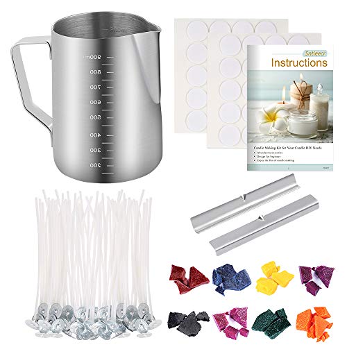 Sntieecr 111 piezas kit para hacer velas, herramientas para manualidades con 8 colores de tinte de vela, maceta para verter, 50 mechas de vela, 50 mechas de vela y 2 soportes para mechas de vela.