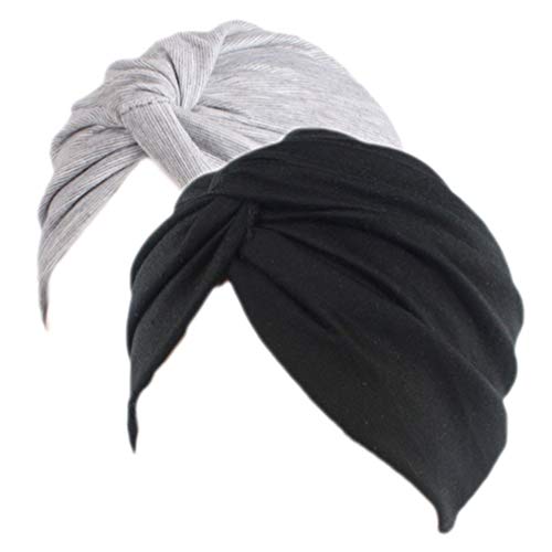 Sombrero Chemo de la Gorrita Tejida de algodón de Las Mujeres Casquillo Suave del Abrigo de la Cabeza de la Gorra del Turbante de Slouchy para la pérdida de Pelo 2 Piezas (Gris/Negro)