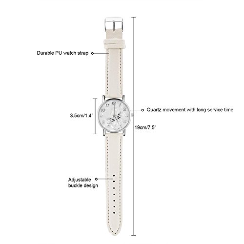 Sonew Reloj de Cuarzo de Las Mujeres Reloj de Pulsera analógico Femenino Redondo Correa de Cuero de la PU Reloj de diseño de Mariposa Simple de la Manera(White)