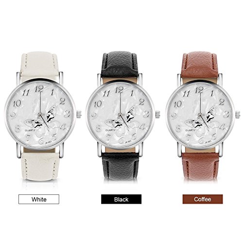 Sonew Reloj de Cuarzo de Las Mujeres Reloj de Pulsera analógico Femenino Redondo Correa de Cuero de la PU Reloj de diseño de Mariposa Simple de la Manera(White)