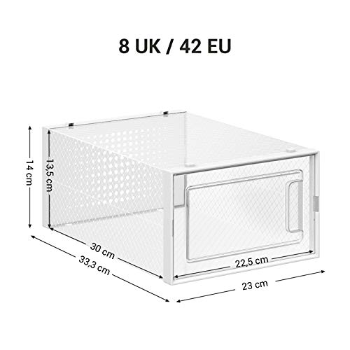 SONGMICS Cajas de Zapatos, Paquete de 18 Organizadores de Almacenamiento, Plegables y Apilables para Zapatillas hasta Talla 42, Transparente y Blanco LSP18SWT