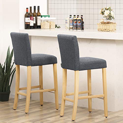 SONGMICS Conjunto de 2 taburetes de bar, Silla acolchada tapizada en tela de lino, Altura del asiento de 76 cm, Patas altas de madera maciza, con Reposapiés y respaldo, Gris oscuro y natural, LDC31GY