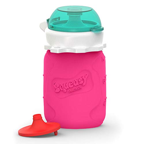 Squeasy Snacker, 100ml - Bolsa de Comida para Bebés Reutilizables | Para Batidos de Fruta Caseros, Yogurt y Zumos | Botella de Silicona, sin BPA (Pink)