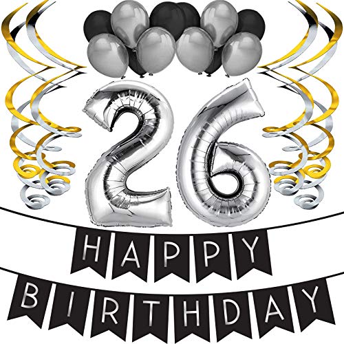 Sterling James Co. Paquete para Fiesta de Cumpleaños Número 26 “Happy Birthday”- Paquete con Banderín de Feliz Cumpleaños Negro y Plateado, Globos y Serpentinas- Decoración para Cumpleaños