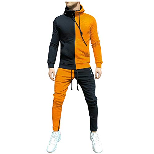 Subfamily Conjunto de Pantalones de Suéter con Cremallera y Paneles de Manga Larga con Bolsillo para Hombres, Patchwork Cremallera Sudadera Top Pantalones Conjuntos Traje Deportivo Chándal Naranja M