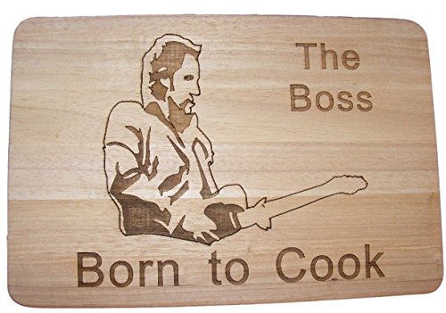 Tabla de cortar grabada a láser con diseño de Bruce Springsteen, con la frase «The Boss» y «Born To Cook», ideal como regalo, de Fastcraft UK