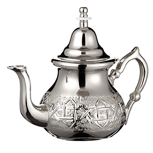 Tetera Marroquí en Plata Maillechort con Filtro Integrado y Manopla Auténtica Tradicional Modelo Grabado con Diseño Clásico Arabe Hecho a Mano Extra Grande (Aproximadamente 1 litro 10 vasos)