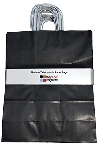 Thepaperbagstore 25 Bolsas De Papel De Colores, Reciclables Y Reutilizables, con Asas Retorcidas, Negro - Medianas 250x110x310mm