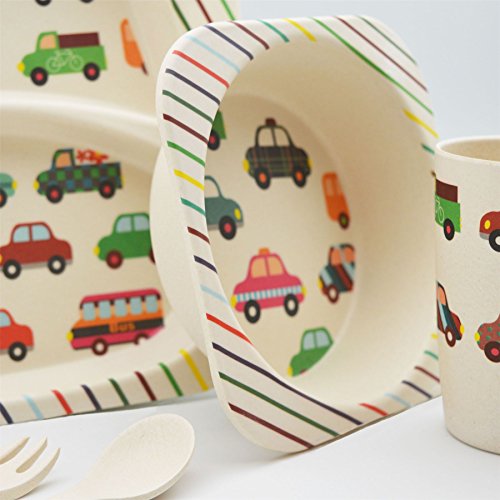 Tiny Dining Vajilla Infantil de bambú - con Plato, Bol, Vaso, Tenedor y Cuchara - Coches - 5 Piezas