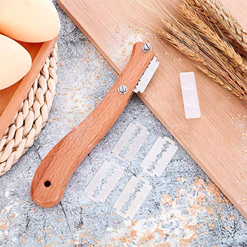 tonguk Herramienta para Cortar Pan con Mango de Madera cojo, Cortador de Pan, Cortador de Pasteles, Cuchillo para marcar la Masa con 5 Hojas reemplazables para Hacer Pan, Accesorios de Cocina