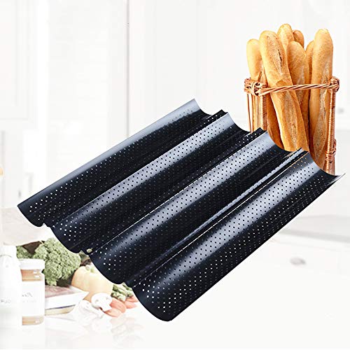 TOPmountain Bandeja Baguettes Moldes Recubrimiento Antiadherente de Grado alimenticio, bandejas de Pan Baguette Perforadas, para Hornear Pan francés, 4 panes - Negro