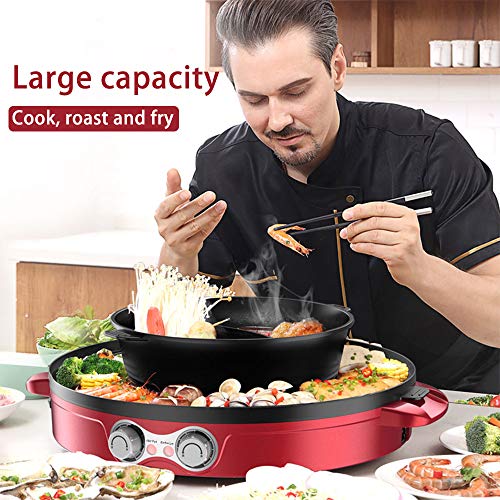 TOPQSC Barbacoa Hot Pot 44cm Separación Doble eléctrica hogar asado Olla Caliente Barbacoa Multifuncional, Sartén Antiadherente Gran Capacidad de Limpieza fácil, para 2-12 Personas Grill (Rojo)