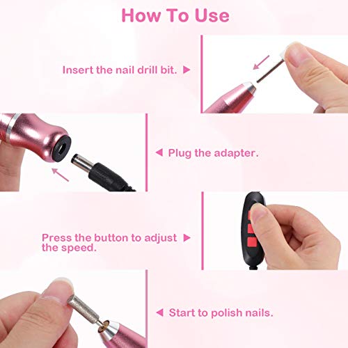 Torno para uñas, Winpok Lima de Uñas Eléctrica, Kit de Manicura y Pedicura Electrico Profesional con Set de 11 Tipos de Brocas de Pulido Pedicura, Set de Manicura para Salón DIY (oro rosa)