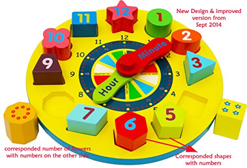 TOWO Juguete de Reloj de Madera educativo con Piezas de números para aprender la hora - Reloj de Rompecabezas para niños - Juegos educativos de clasificación con numeros y formas geometricas.