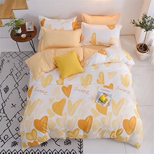 Treer Juego de Ropa de Cama con Funda de Edredón, Funda de Almohada y Sábana Microfibra Estampado 4 Piezas Juego de Ropa de Cama para Cama Individual/Matrimonio (Amarillo Amor Corazon,150x200cm)