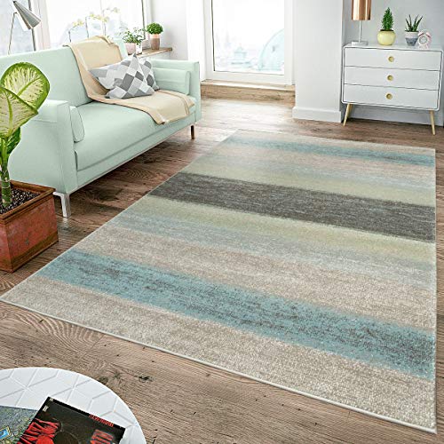 TT Home Alfombra De Salón Moderna A Rayas Anchas En Tonos Pastel Turquesa Verde Crema, Größe:160x220 cm