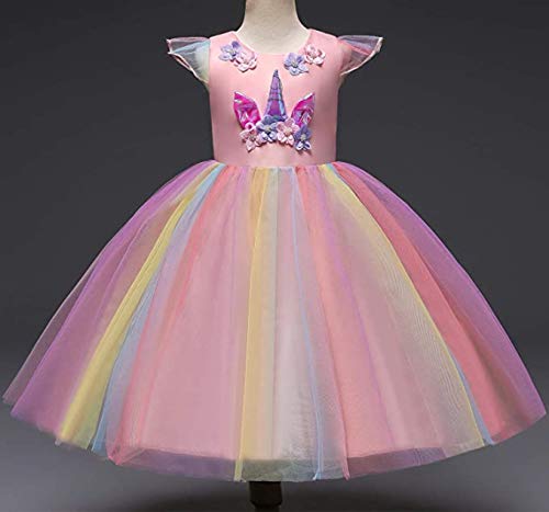 TTYAOVO Chicas Unicornio Fancy Vestido Princesa Flor Desfile de Niños Vestidos sin Mangas Volantes Vestido de Fiesta Talla 5-6 Años Rosado