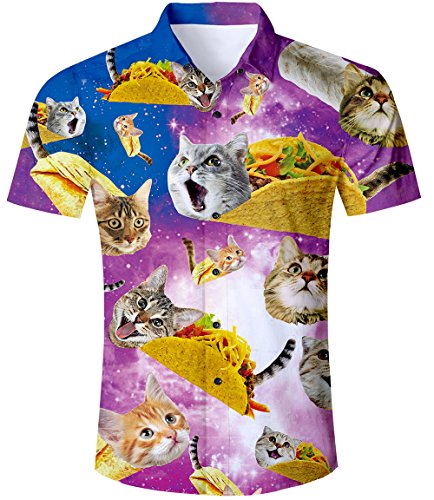 TUONROAD Camisas de Hombre Funky Camisa Hawaiana 3D Pizza Gato Verano Casual Manga Corta Tops T Shirt L