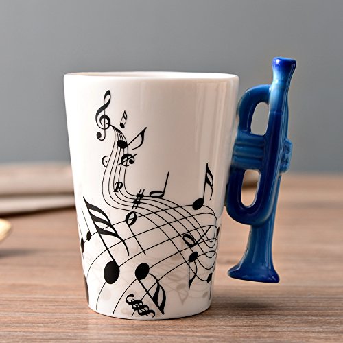 ufengke Creativo Trompeta Azul Tazas Mug De Porcelana Tazas De Café Personalizadas, Notas Musicales Taza De Té De Cerámica, para Regalo, La Familia Y La Oficina