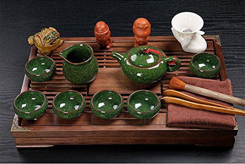 ufengke Grietas De Hielo Juego De Té De Cerámico Chino, Exquisito Kung Fu Juego De Té Con Bandeja De Té De Madera, Para Regalo, La Familia Y La Oficina- Verde Oscuro