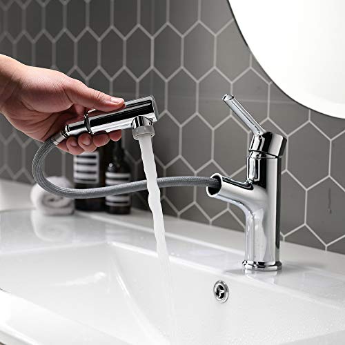 Umi. by Amazon - Grifo de Lavabo Extraíble 2 Tipos de Chorro para Baño Grifo Monomando Cromado con Agua Caliente y Fría Grifo de Baño