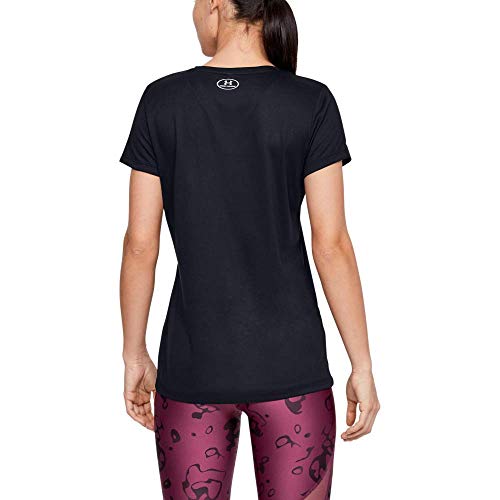 Under Armour Tech Short Sleeve V-Solid Camiseta, Mujer, Negro (Black/Metallic Silver 002), L