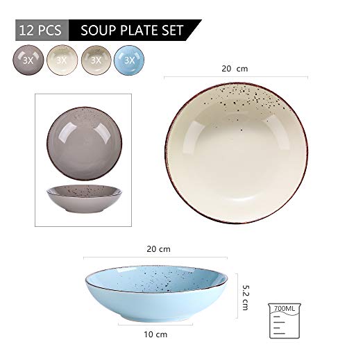 vancasso Serie Navia Nature Platos Hondos, 12 Piezas Juego de Platos de Sopa, Ensalada, Fruta, Vajillas Esmaltada Gres Vajillas Retro 4 Colores