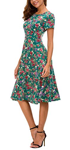 Vestido Estampado Floral de Mujer Cintura Alta Vestido a Media Pierna Manga Corta (M, 1)