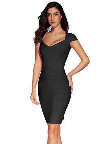 Vestido Shownice, para mujer, de manga corta, cuello cuadrado, tipo bandage Negro negro Large