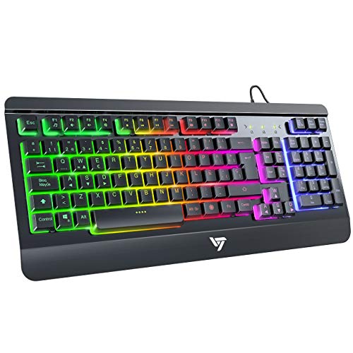 VicTsing Teclado Gaming Español USB, LED Rainbow Retroiluminación con 12 Teclas Multimedia y 19 Teclas Anti-ghosting, Teclado Retroiluminado de Panel Completamente Metálico