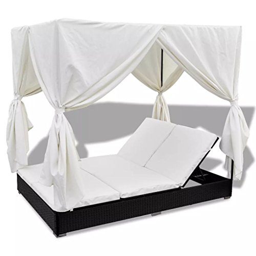 vidaXL Tumbona con Toldo Cortinas Ratán Sintético Negra Blanca Cama de Jardín