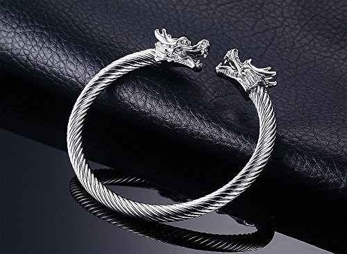 VNOX Hombres de Acero Inoxidable Frente a Dragon Head Wire Viking Brazalete Brazalete Pulsera Plata