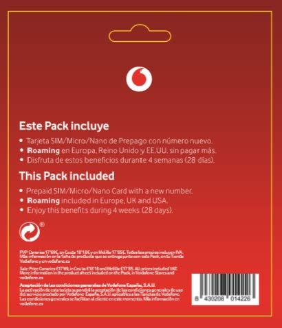 Vodafone Prepago L 40 GB (25+15GB Extra) + Llamadas ilimitadas Nacionales Roaming Europa y EEUU