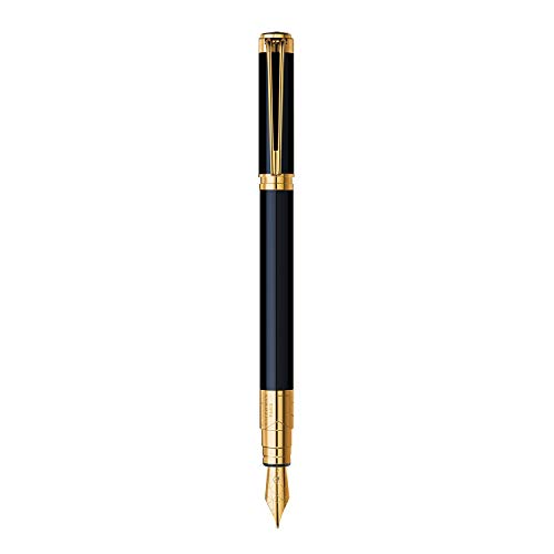 Waterman Perspective  - Pluma estilográfica, color negro brillante con clip de oro de 23 quilates, plumín mediano con cartucho de tinta azul, estuche de regalo