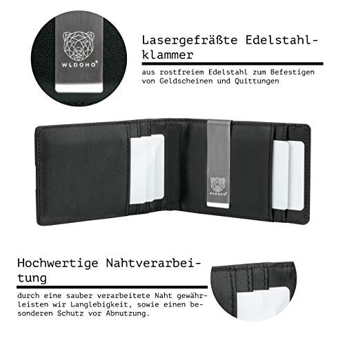 WLDOHO Cartera Delgada de Cuero para Hombre I Tarjetero con Protección RFID I Estuche para 6 Tarjetas Bancarias y Pinza para Billete I Monedero con Cierre Magnético (Negro)