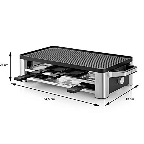 WMF Lono Parrilla Raclette y grill, 1500 W, Parrillas Antiadherentes, 8 Espatulas y 8 Sartencitas, Apta para Crepes, Acero Cromargan